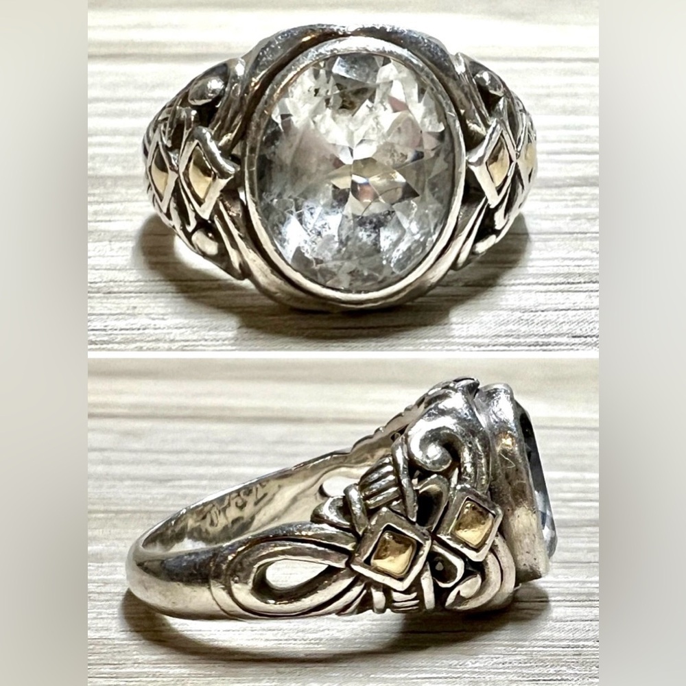 Designer Signed Robert Manse Sterling Silver & 14K Gold Prasiolite Ring, Size 8